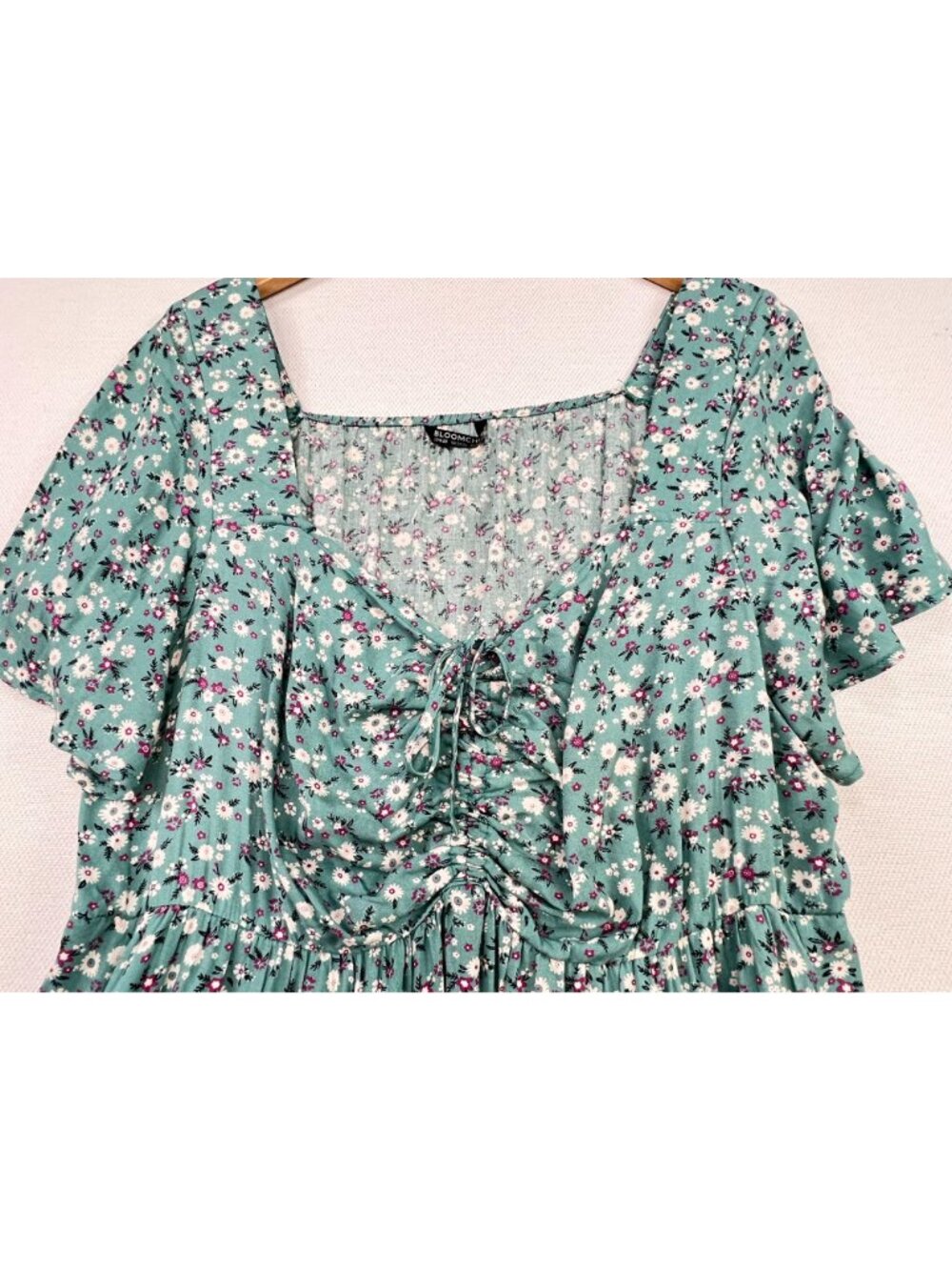 Womens Cottagecore Drawstring Maxi Dress Flutter Sleeve 18-20 Green Blue Floral - Picture 15 of 15
